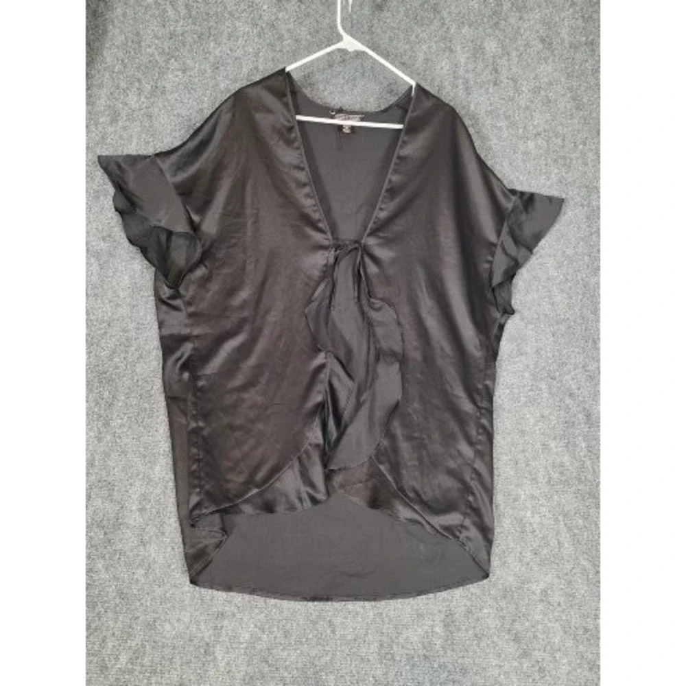 Victoria's Secret Black Satin Love Graphic Ruffle Tie Front Robe One Size Casual